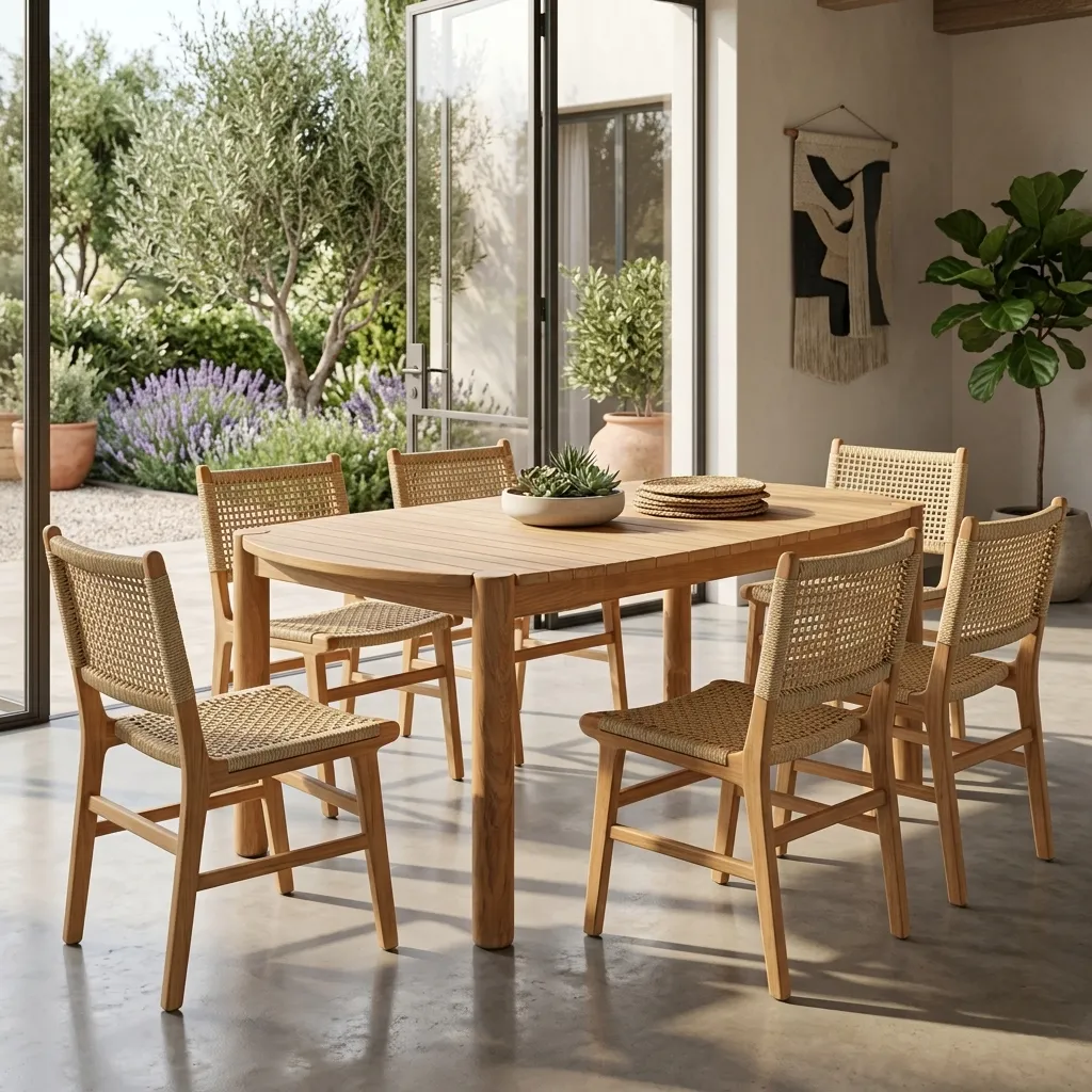 Harris dining chairs around a teak table