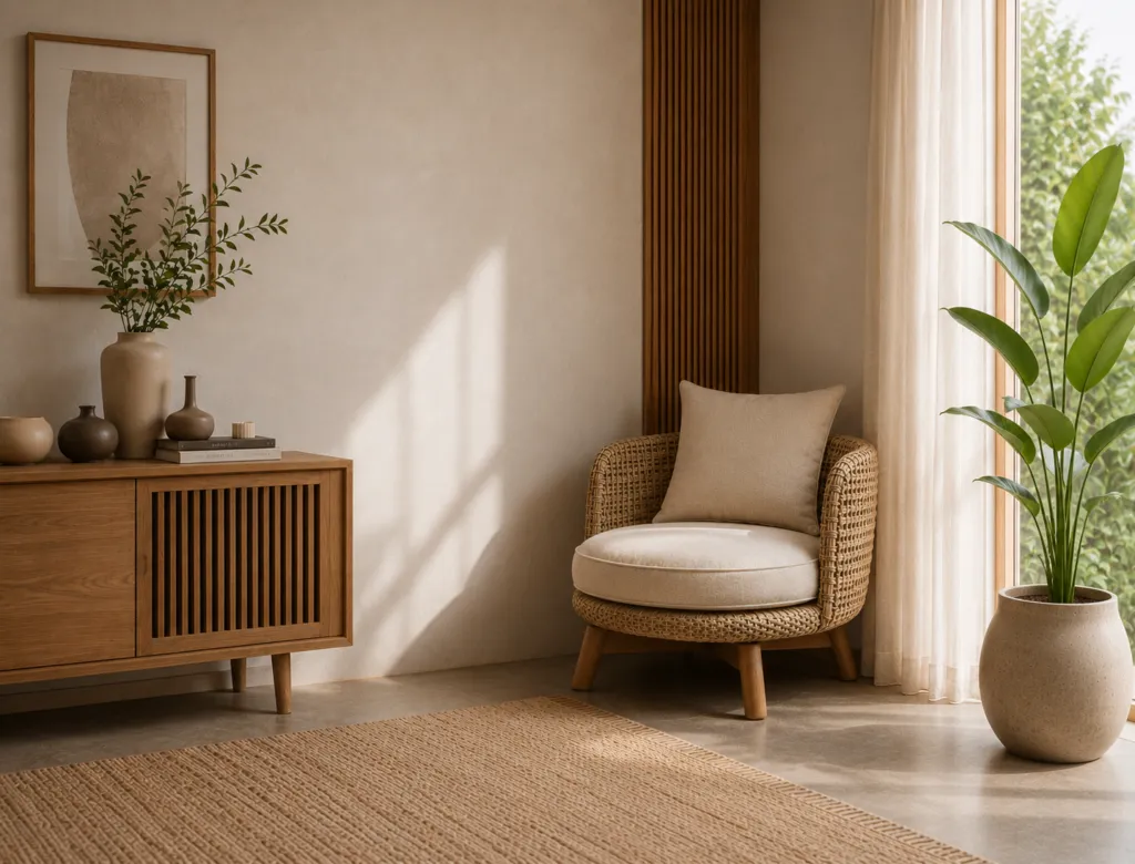 Woven lounge chair beside a teak sideboard in a sunlit room