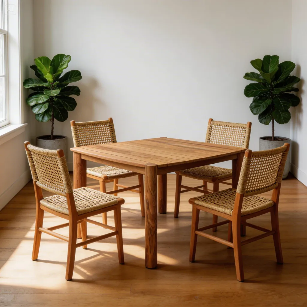 Harris dining chairs with a square teak table