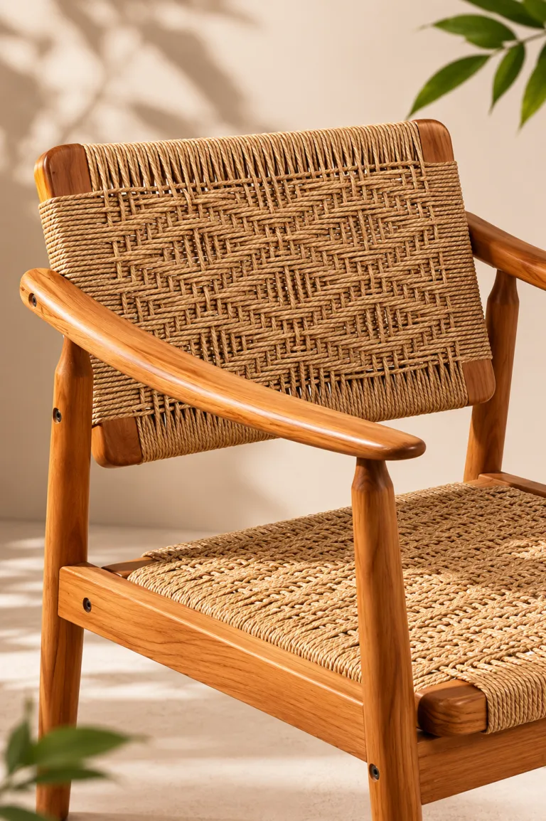 Teak armchair with woven rope seat and back