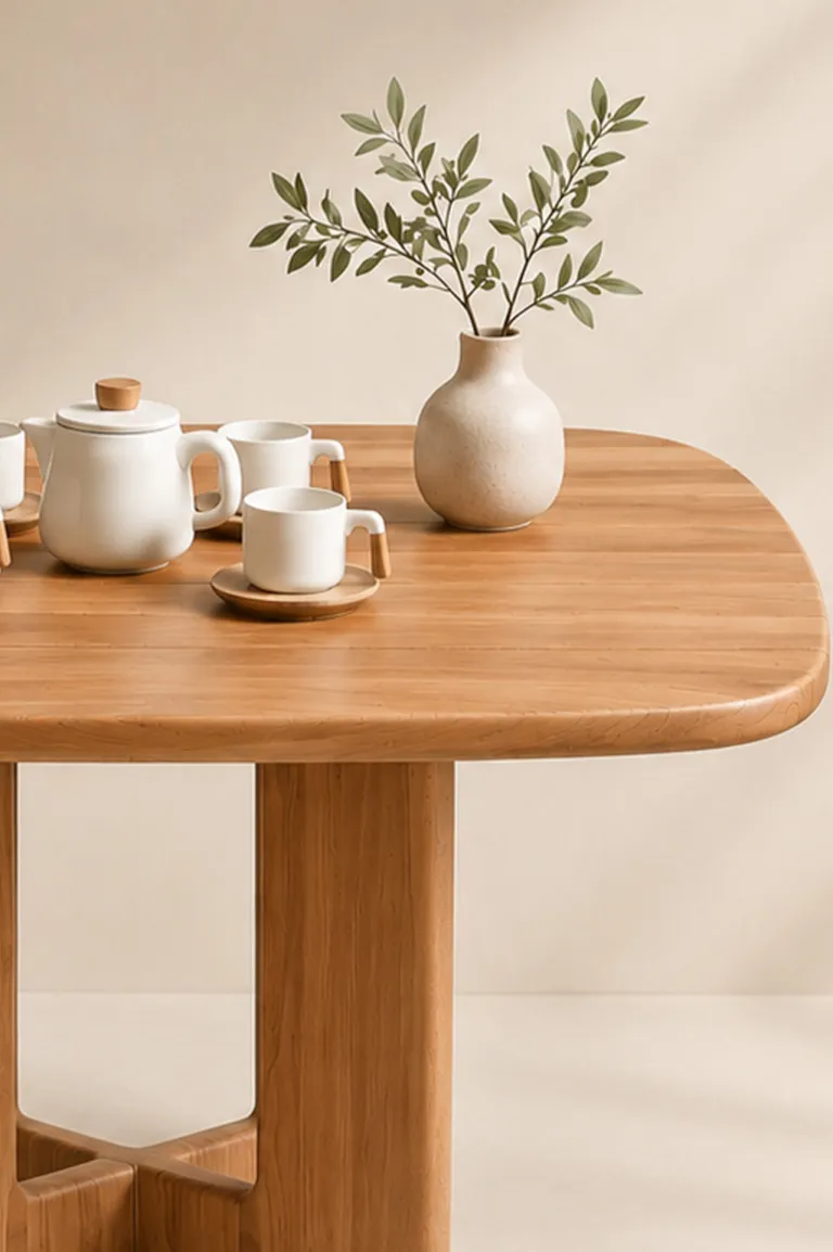 Rounded teak table top with tea set