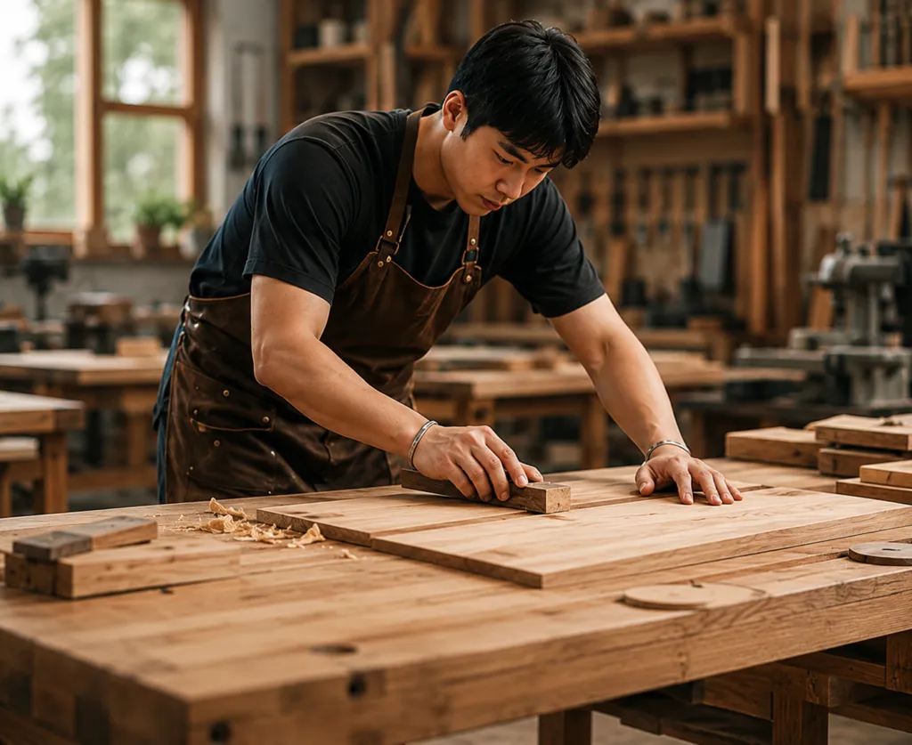 Craftsman planing a teak board in the workshop